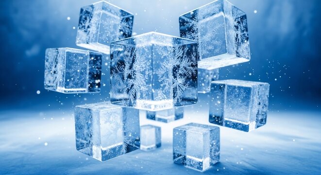 Floating translucent ice cubes with crystallike patterns on their surfaces against a blurred blue background