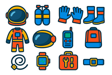 Astronaut Gear Icons. Flat vector icons of Astronaut Gear: Helmet, Oxygen Tank, Gloves, Space Boots, Suit, Visor, Communication