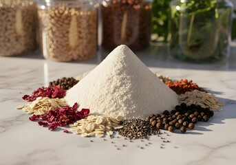 Assorted Baking Ingredients and Spices on Marble Counter