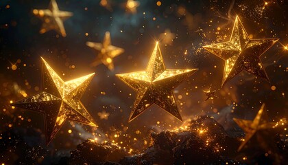 Golden stars float amidst a dark, sparkling background with a softly textured base, creating a dreamy, ethereal effect