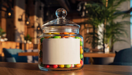 Candy jar mockup with empty label colorful candy glass container cozy cafe background warm natural light inviting atmosphere soft focus cheerful mood