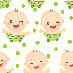 Fototapeta premium Seamless pattern of a happy baby wearing a green diaper, winking and smiling on white background with green dots