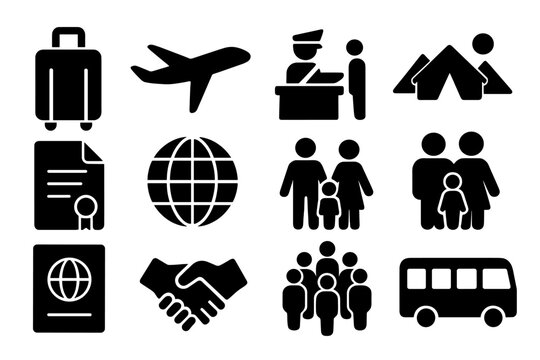 Human Migration Icons. Solid style icons of Human Migration Patterns: suitcase, airplane, border crossing, refugee camp, legal