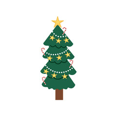 Festive Christmas Tree with Star and Candy Canes. Christmas tree decoration. Christmas tree ornament.