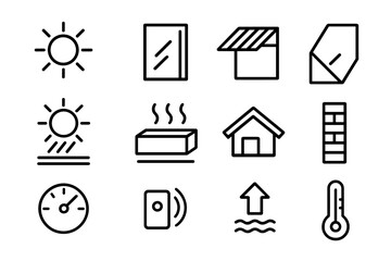 Passive Solar Icons. Line style icons of Passive Solar: Sunlight, Window, Shading, Glass; Solar Gain, Thermal Mass, Roof, Wall;