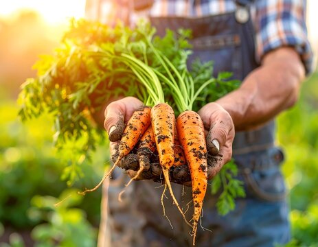 Close-up of hands holding freshly harvested carrots in sunlight
