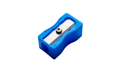 blue plastic pencil sharpener with metal blade isolated on solid white background Png