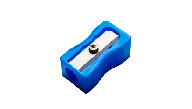 blue plastic pencil sharpener with metal blade isolated on solid white background Png