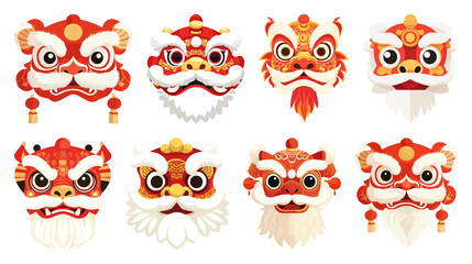Fototapeta premium PNG Colorful traditional lion masks, element set on transparent background
