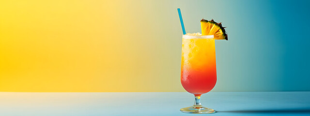 A delicious tropical cocktail on a blue-yellow gradient background with copy space
