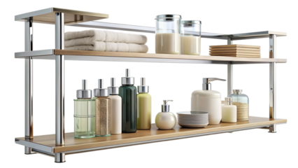 Two-tier wooden and metal shelf with spa and bath essentials