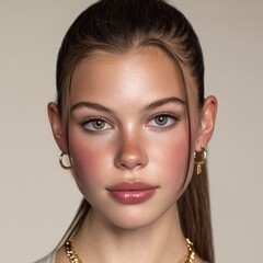 Studio portrait of a woman with sleek hairstyle