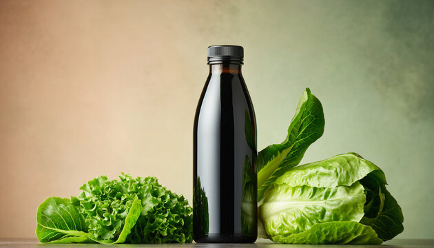 Healthy drink bottle mockup with black cap beside fresh green leafy vegetables soft gradient background natural refreshing wellness clean modern vibrant organic - Powered by Adobe