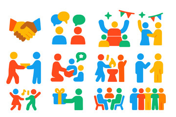 Social Interaction Icons. Flat vector icons of Social Interactions: Handshake, Conversation, Group Meeting, Festival, Sharing Food