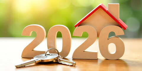 Keys to a new house and wooden numbers for the New Year 2026 with a home roof on a table. Concept of construction, real estate market and investments. Warm banner with copy space.