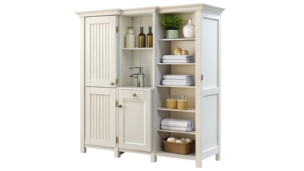 White wooden bathroom storage cabinet with shelves and toiletries