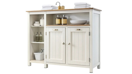 White wooden bathroom cabinet with towels and accessories