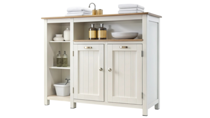 White wooden bathroom cabinet with towels and accessories