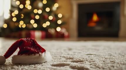 A Santa hat lies on the snowy floor of a room, against the backdrop of a decorated Christmas tree and a burning fireplace