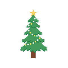 Christmas Tree with Star and Lights. Simple christmas tree illustration. Sparkling Christmas Tree Lights.