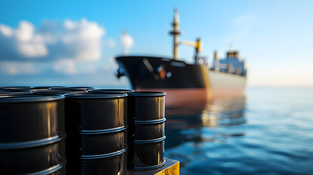Oil barrels stand in front of a ship carrying oil in the ocean against a blue sky
