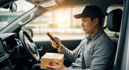 Asian delivery driver efficiently scans a package with his digital device inside a bright, modern vehicle, ensuring fast, reliable e-commerce service