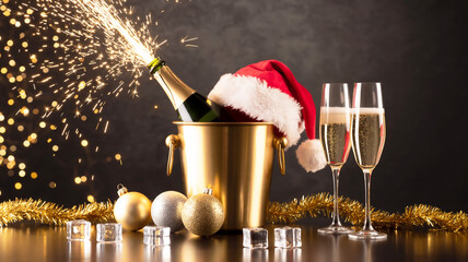 Champagne bottle with santa hat and sparklers celebrating new year