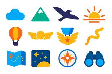 Sky Adventure Icons. Flat vector icons of Sky Adventure: cloud, mountain peak, flying bird, sunrise horizon, hot air balloon,