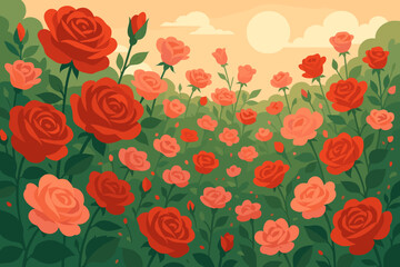 Romantic Rose Garden. Vibrant garden filled with blooming red and pink roses, glowing under soft natural light, romantic and