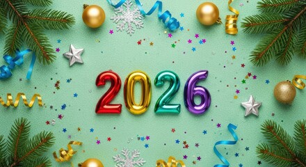 Bright 2026 numbers celebrate New Year's arrival, artfully framed by festive pine branches, golden ornaments, and sparkling confetti on a cheerful mint background