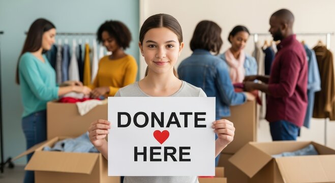 Cheerful girl proudly presents a "Donate Here" sign, engaging diverse volunteers in a busy community clothes sorting event for charity - Powered by Adobe
