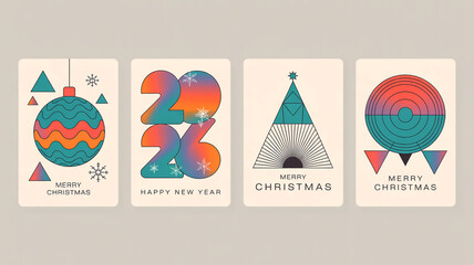 Four festive greeting cards with abstract designs and holiday themes