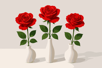 Red Roses Elegance. Vibrant red roses in minimalist white vases placed on a clean white surface, soft natural lighting, perfect