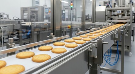 Delicious golden biscuits smoothly traverse a clean conveyor belt in a modern food production factory, showcasing efficient automated manufacturing processes