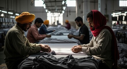 Diligent South Asian textile workers meticulously prepare grey fabric in a bustling garment factory, showcasing precise craftsmanship and dedicated focus under bright industrial lighting