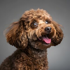 Fototapeta premium Adorable toy poodle with curly brown fur and happy expression