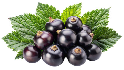 Fototapeta premium Juicy blackcurrant berries with fresh green leaves on white