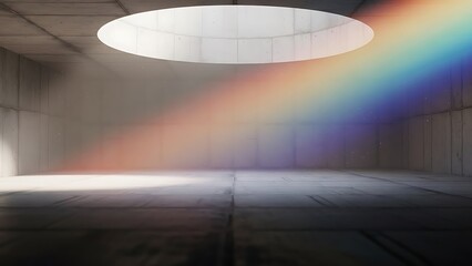 天窓から差し込む虹色の光が静かに照らすコンクリート空間の幻想的な情景