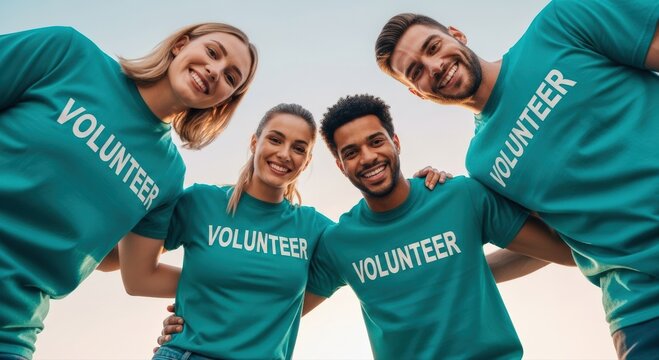 Diverse young volunteers in teal shirts collaborate, sharing genuine joy and positive energy under a bright, uplifting sky