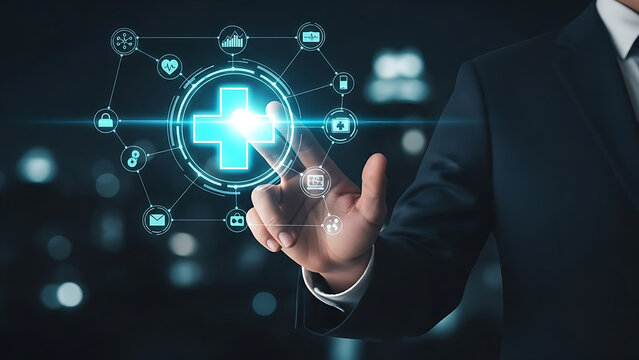 Businessman touching futuristic healthcare technology interface with medical icons - Powered by Adobe