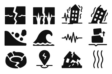 Earthquake Phenomena Icons. Solid style icons of earthquake phenomena: fault rupture, aftershock, ground fissure, shaking building