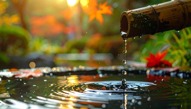 Water droplets fall from a bamboo spout into a pond, creating ripples, with colorful foliage in the blurred background