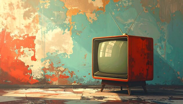 An old, boxy, red television sits against a peeling, mottled wall with reflected light and faded colors