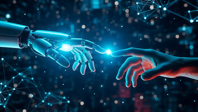 Robot and human hands reaching out touching with glowing light
