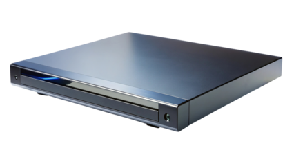 Sleek metallic electronic device with subtle blue indicator