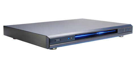Sleek silver blu-ray dvd player with blue light, isolated item