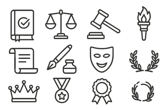 Normative Ethics Icons. Line style icons of Normative Ethics: Rule Book, Scales, Hammer, Torch; Scroll, Pen, Inkpot, Mask; Crown,