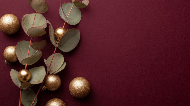 Elegant Burgundy Christmas Background with Gold Baubles and Eucalyptus Branch