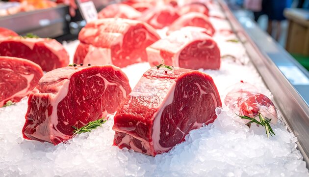 Close-up of raw beef cuts on ice at a butcher shop counter