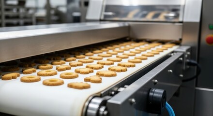 Golden cookies progress along a clean industrial conveyor belt in a high-tech food factory, showcasing efficient automated bakery production